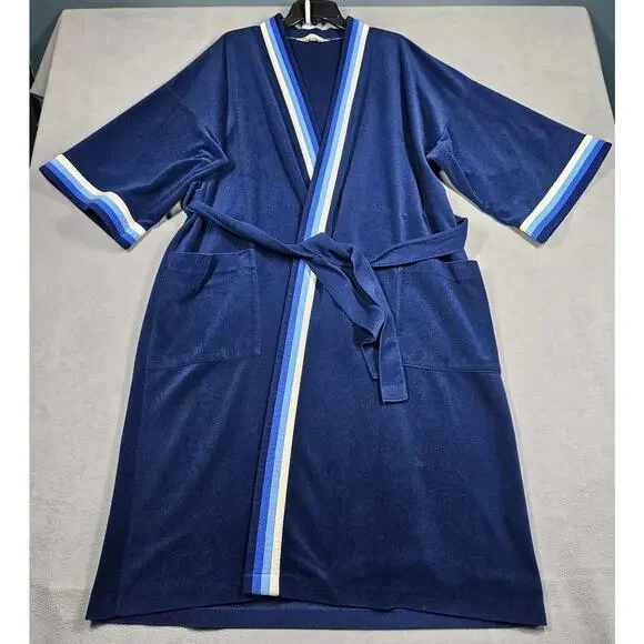 VTG Vanity Fair For Him Mens L-XL Robe Navy Blue Velour Calf Length Tie Belt USA - Picture 1 of 13